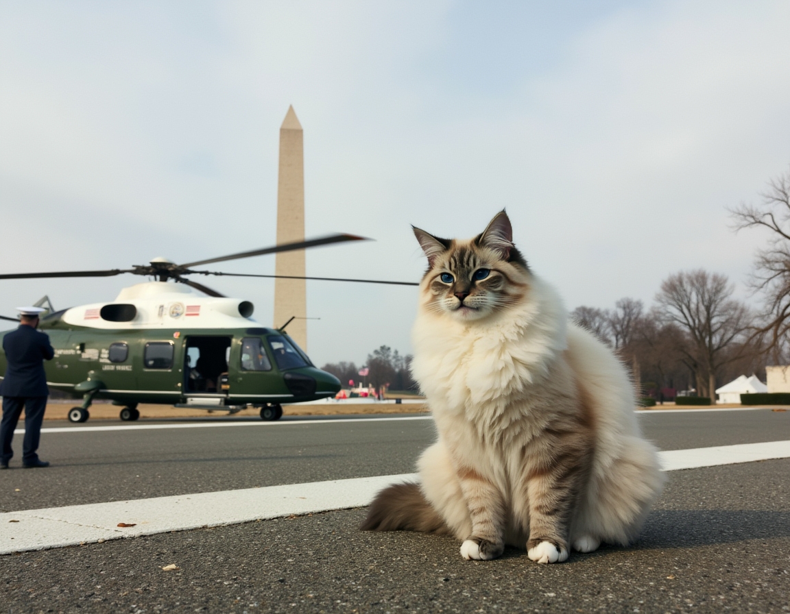 Cat braves the rotor wash beside Marine One, capturing a thrilling presidential travel send-off.